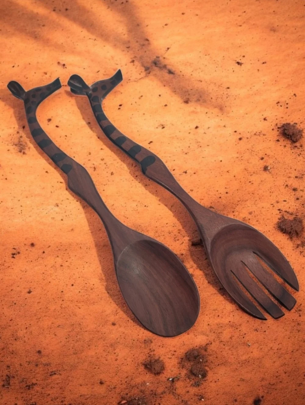 African Theme Carved Giraffe Salad Servers Vintage Utensils Safari Hand Painted